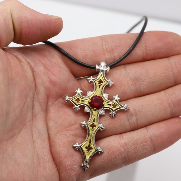 Vintage Gothic Cross Sterling Silver & Brass Artistic Red Cross Red Stone - Picture 12 of 12